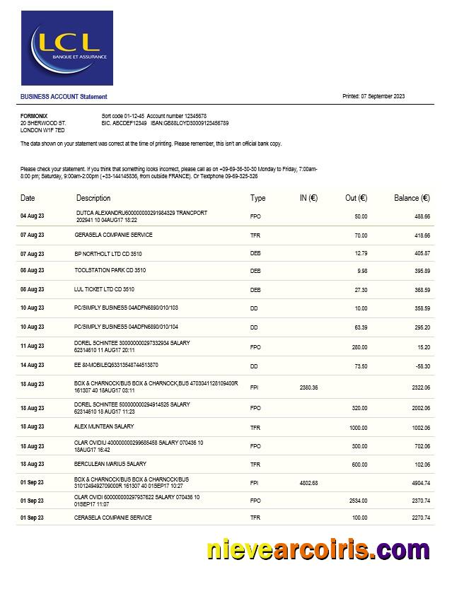LCL Bank business statement
